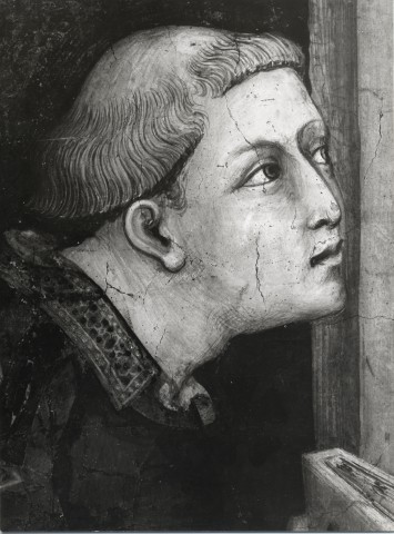 Anonimo — Martini Simone - sec. XIV - Sogno di sant'Ambrogio — particolare, volto del chierico inginocchiato